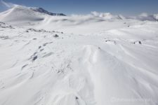 台地を横断していくと、全面雪に覆われている白馬大池が現れる。
初めて見る冬の白馬大池。
夏と全然違う光景ですね。
