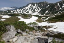 浄土山へは室堂山展望台までは緩やかに標高を稼ぎ、そこから浄土山まで急登です。
登ってきた反対側を見やると、剱御前の稜線上には広大な白い雪渓が広がっている。
