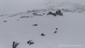 12:00 準備を整えて間ノ岳山頂発。
間ノ岳の山頂はだだっ広い。
あたり一面雲に覆われて視界が効かず、今日1回目のホワイトアウト状態。
先行者のトレースも既に風に消されて、どちらに行って良いかも分からない。
気が動転したのか、手前の尾根から下り始める。
しかし嫌な予感がする。